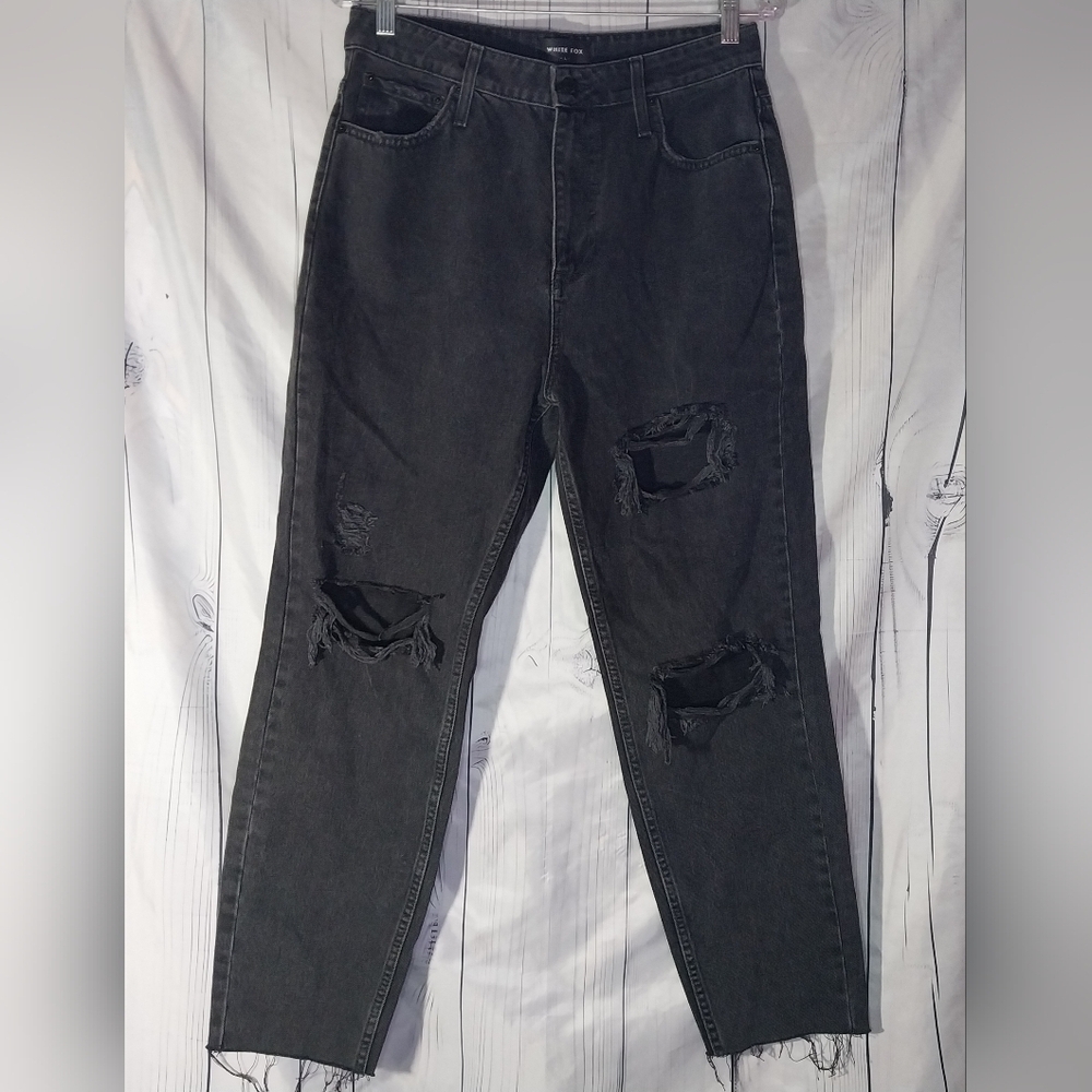 White Fox Distressed/Ripped Black Denim Jeans Size L With Raw Hem